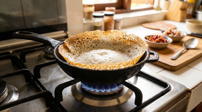 Perfectly cooked traditional Sri Lankan crispy hopper in cast iron pan