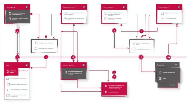 Interactive project flowchart with checklist items and red arrows on white background