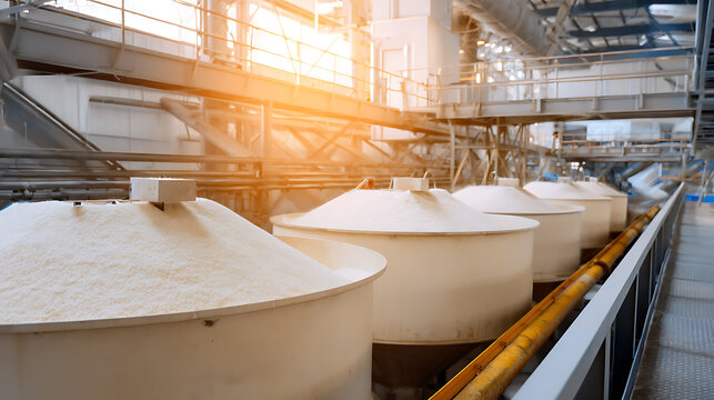 Industrial Storage Silos with Bulk Material and Warm Sunlight Inside a Modern Food Processing or Chemical Plant Factory Interior
