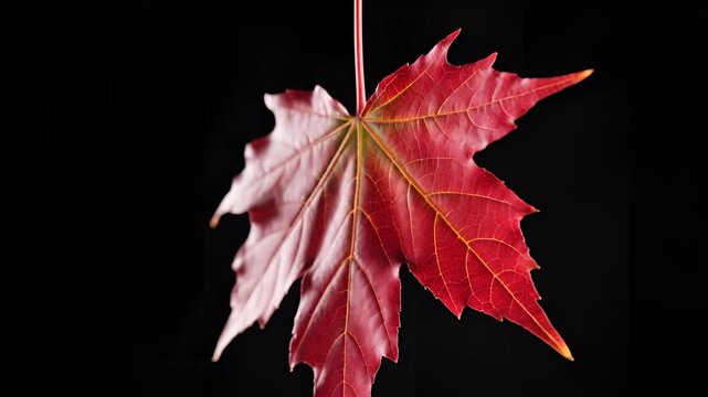 Closeup of a vibrant red maple leaf suspended against a stark black background showcasing intricate vein details and autumnal colors.