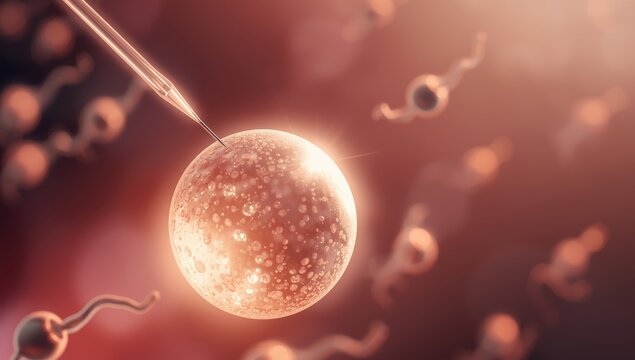 Egg with syringe and sperm for fertility treatment. Close-up view.