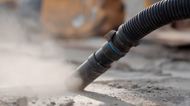 Industrial vacuum cleaner hose removes dust and debris from a concrete surface at a construction site, essential for worker safety and project cleanliness