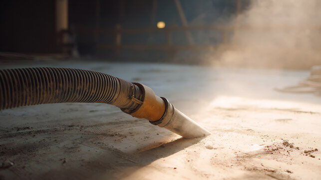 Industrial vacuum cleaner hose removes dust and debris from construction site floor, creating a hazy, dusty atmosphere in a professional setting