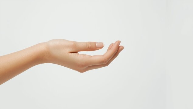 Female grasping an object against a light backdrop, detailed view.