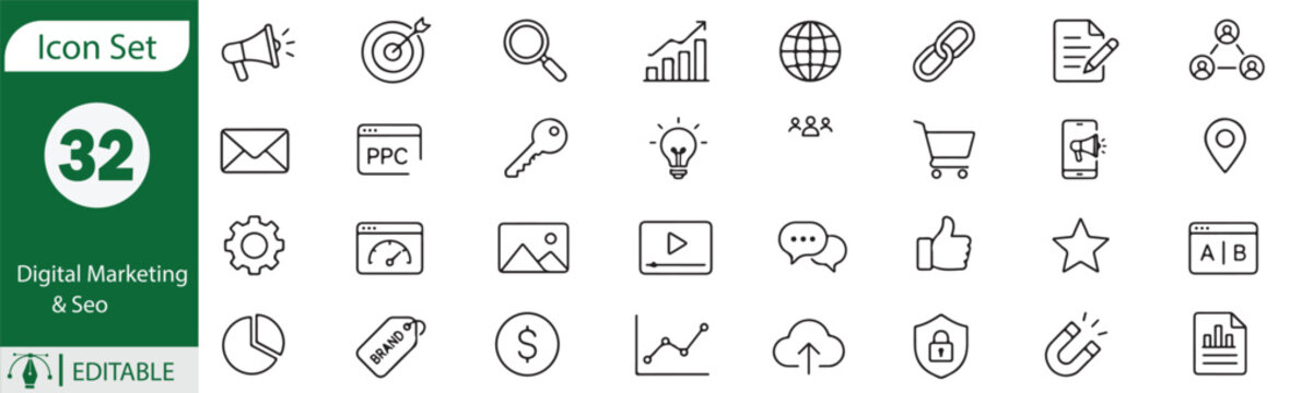 Digital Marketing and SEO Vector Outline Icons Set for web disign and business