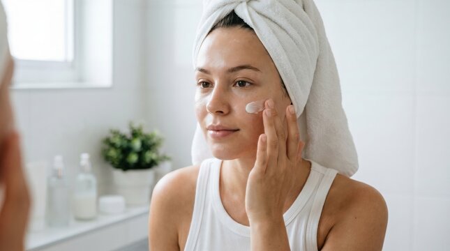 Young woman carefully applies moisturizing face cream to her cheek as part of her daily skincare ritual after a shower, reflecting in a bright bathroom mirror