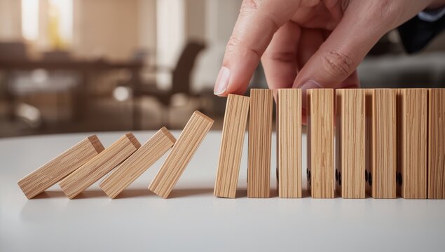 Hand preventing wooden blocks from toppling in a domino setup.