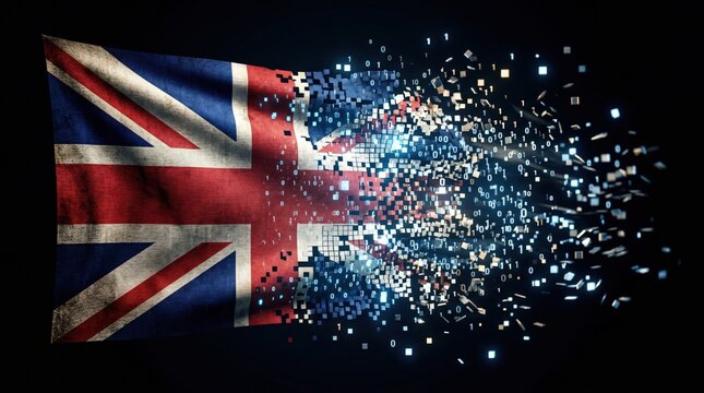 Union Jack flag digitally transforming into scattered pixels and glowing binary code on a dark background, representing data and evolving national identity