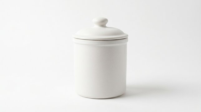 A simple, elegant white ceramic storage jar with a matching lid, isolated on a clean white background.