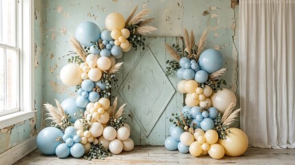 Obraz premium Elegant balloon and greenery arrangement on vintage painted door backdrop