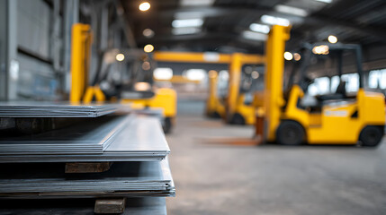 Fototapeta premium Industrial Warehouse Scene with Stacked Metal Sheets and Forklifts in Background, Manufacturing and Logistics Concept