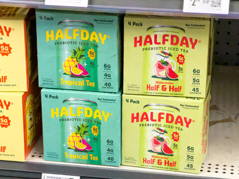 Halfday Prebiotic Iced Tea Variety Packs Display on Retail Store Shelf