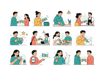 Fototapeta premium Hand Holding Money. Hand holding dollar money, peer payment, financial assistance, cash transfer, tips, reward, shared expenses, and everyday money exchange. 12 minimalist editorial vector scenes: a
