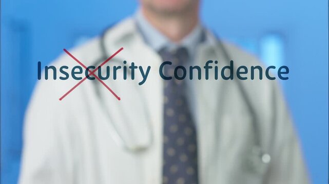 Medical professional writing on a transparent screen, striking through the word insecurity to choose confidence, illustrating a shift in mindset toward self assurance and positive thinking