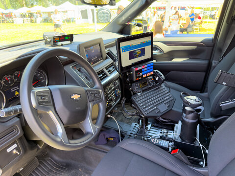 California Highway Patrol Vehicle Interior With Mobile Command Console And Laptop Setup