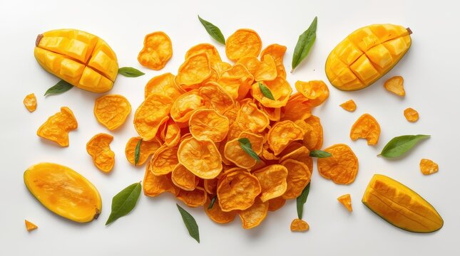 Mango chips on a light backdrop.