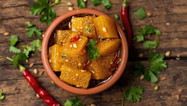 Mango chutney in a bowl on a wooden-themed surface.