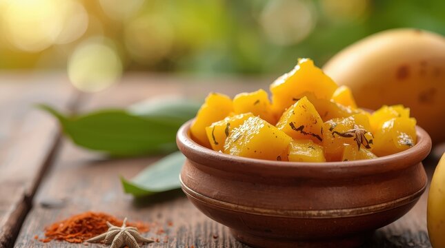 Mango pickle in a clay bowl, focused view.