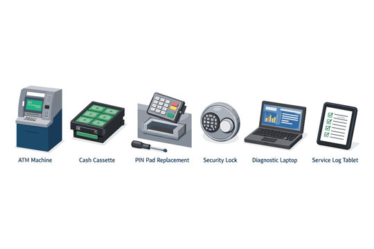 ATM machine components and service tools for financial technology maintenance