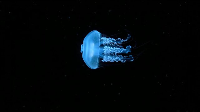 Bioluminescent Blue Moon Jellyfish Floating in Deep Black Water