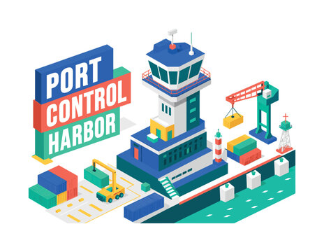 Port Control Harbor, oversized control tower with bold geometric depth, stacked dock blocks and diagonal container surfaces, asymmetric editorial layout, electric blue and coral with warm yellow,