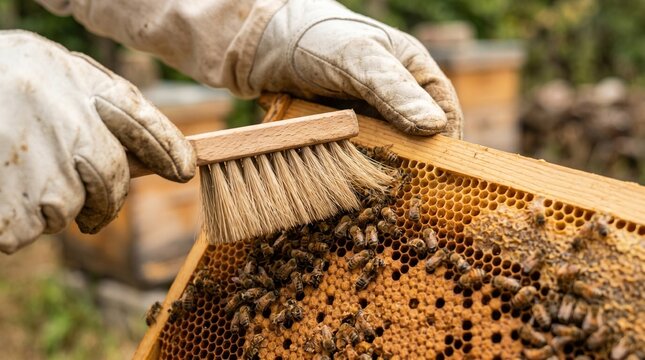 Beekeeper brushing honey bees, Honeycomb care close up, Apiary craft detail, Natural honey production, Premium macro stock photo