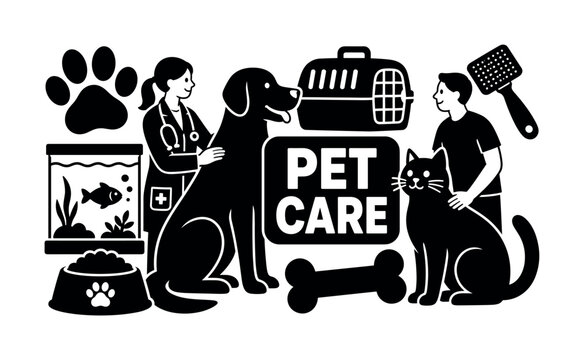 Pet Care Essentials. Clean solid filled banner composition of a pet care scene with one veterinarian and one pet owner beside an oversized dog and cat, paw print, pet carrier, food bowl, bone, fish