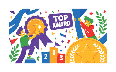 Naklejka premium Award Medal Victory banner scene with two expressive stylized winners interacting with an oversized medal and a giant ribbon trophy badge, one character lifts the medal ribbon while the other places a