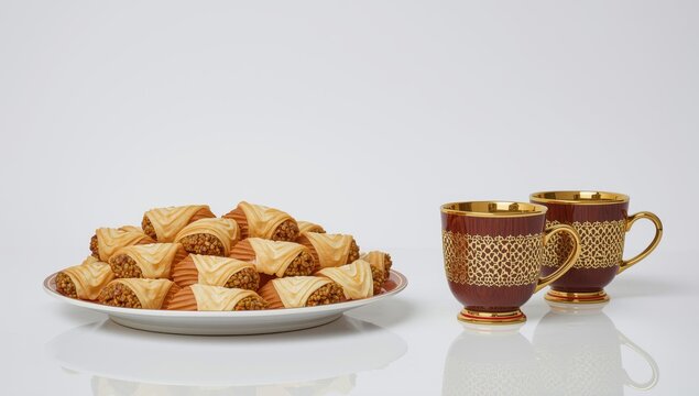 Qatayef desserts on a white backdrop with Arabic coffee cups.