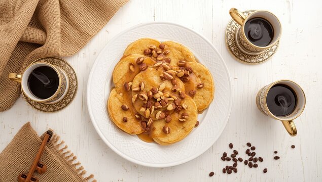 Qatayef treats on a light backdrop with Arabic coffee cups.