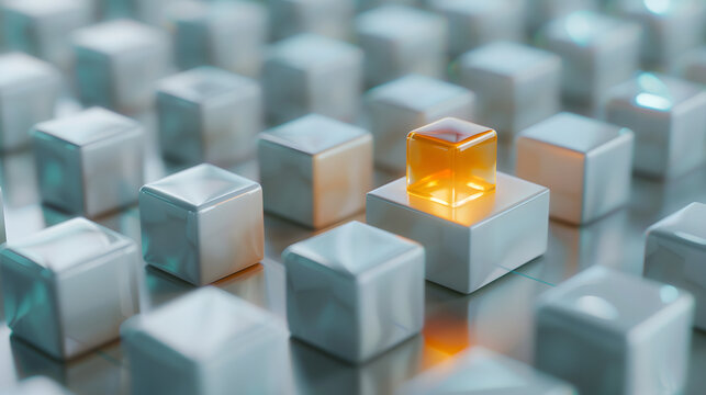 Soft matte white cube grid with one glowing amber organic shape