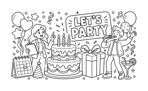 Party Event Celebration. Clean outline line art banner of festive party planning scene with 2 characters, organizer and singer around oversized birthday cake and gift box, balloons, confetti,