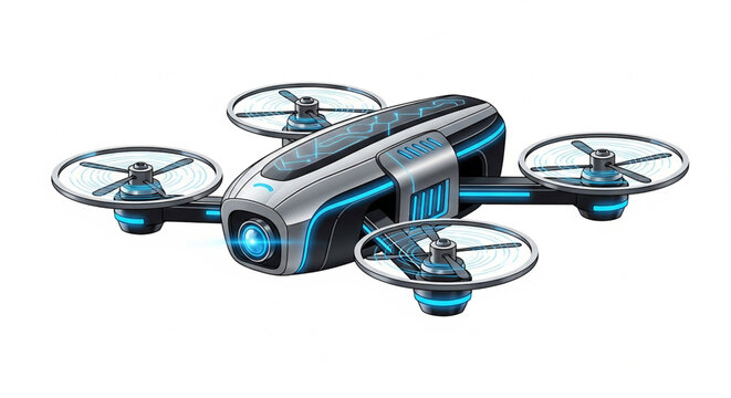 Modern quadcopter drone illustration with glowing blue light tech features