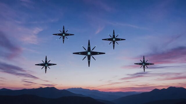 Fictional eight-pointed star UFO UPA  formation over mountain landscape at dusk