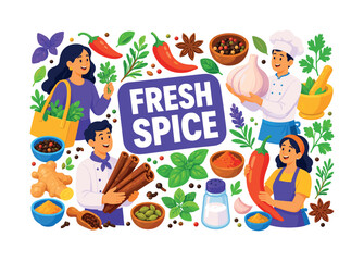Fototapeta premium Herbs Spice Collection colorful flat vector banner, two stylized cooks and one shopper interacting with oversized garlic bulb, cinnamon sticks and herb leaves, chili pepper, star anise and salt shaker