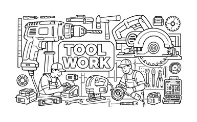 Naklejka premium Power Tools Workshop. Clean outline line art banner showing a construction power tools workshop scene with one oversized electric drill and one oversized circular saw stretching across the canvas, two