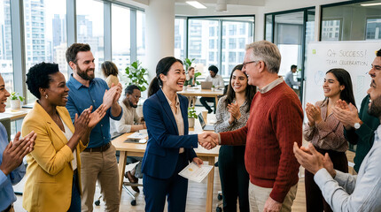 Obraz premium Successful business handshake in modern office, diverse professional team applauding corporate achievement, smiling colleagues celebrating partnership isolated on White Background