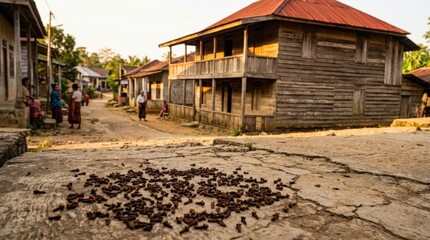 Obraz premium A cinematic wide angle shot of dried clove buds laid out on the rough pavement of a rustic village street in Indonesia, showcasing traditional spice drying practices in a rural setting.