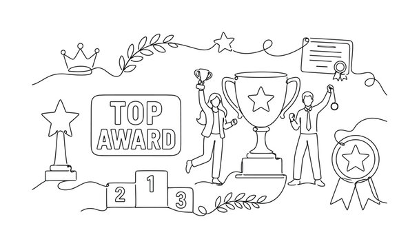 Award Recognition Success Banner. Clean one-line drawing banner composition showing a victory recognition scene with two winners beside a large oversized trophy cup and oversized medal ribbon, small