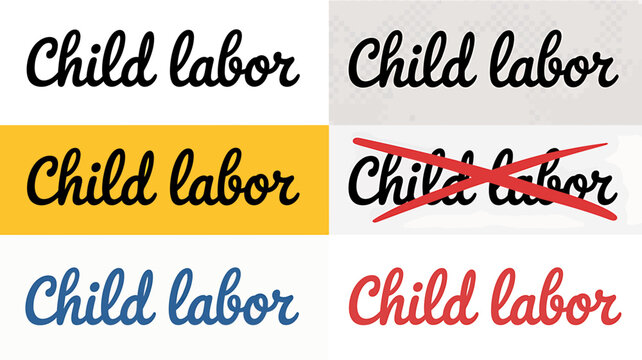 Child labor awareness campaign slogans and icons in various colors and styles