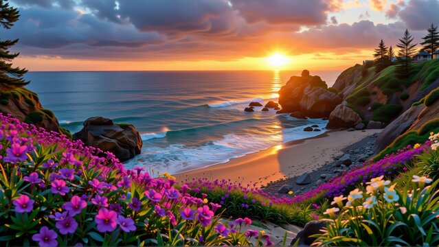 beautiful landscape photograph beautiful sunset over ocean sky filled vibrant colors orange yellow pink sun setting over horizon ocean deep blue small waves crashing onto shore right side rocky cliff