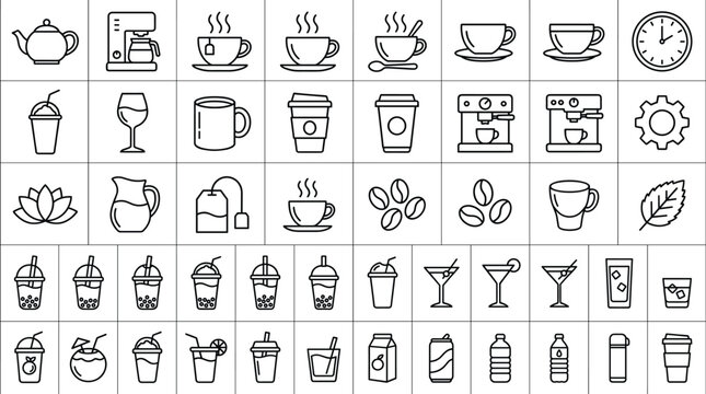 Coffee and beverage outline icon collection featuring cafe drinks bubble tea cocktails and refreshment symbols set