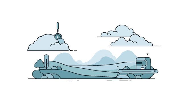 Futuristic hovercraft sailing across a serene landscape with stylized clouds and a distant rocket launch