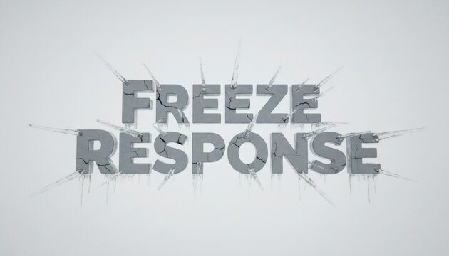 3D text that spells FREEZE RESPONSE is rendered with a cracked and frozen texture, symbolizing a state of paralysis or inactivity.