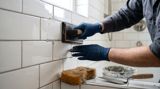 Tile installer applying grout on white subway wall tiles during bathroom renovation and repair work