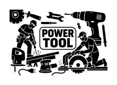 Power Tool Workshop. Solid black glyph-style banner for power tool workshop construction scene, with two builders using electric equipment, oversized cordless drill and giant circular saw reaching all