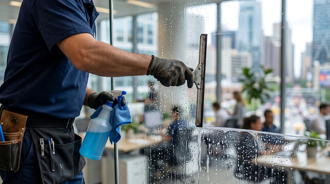 Commercial window cleaner washing glass wall in modern office with squeegee spray bottle and city view