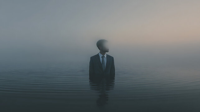 Surreal conceptual scene of a businessman standing alone in calm dark water surrounded by fog, with a glowing blurred face symbolizing identity loss, emotional detachment, burnout, isolation, uncertai