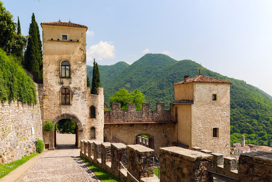 Architectural detail of Castel Brando (Castrum Costae),  a famous medieval castle situated on a dolomite limestone rock at an elevation of 370 m above sea level, overlooking the villages of Cison di V
