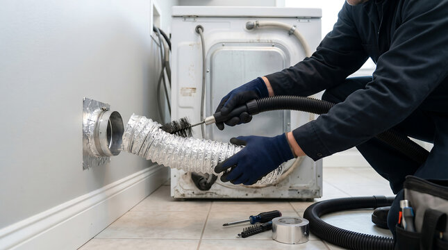 Technician cleaning flexible dryer vent duct with brush and vacuum hose during appliance maintenance
